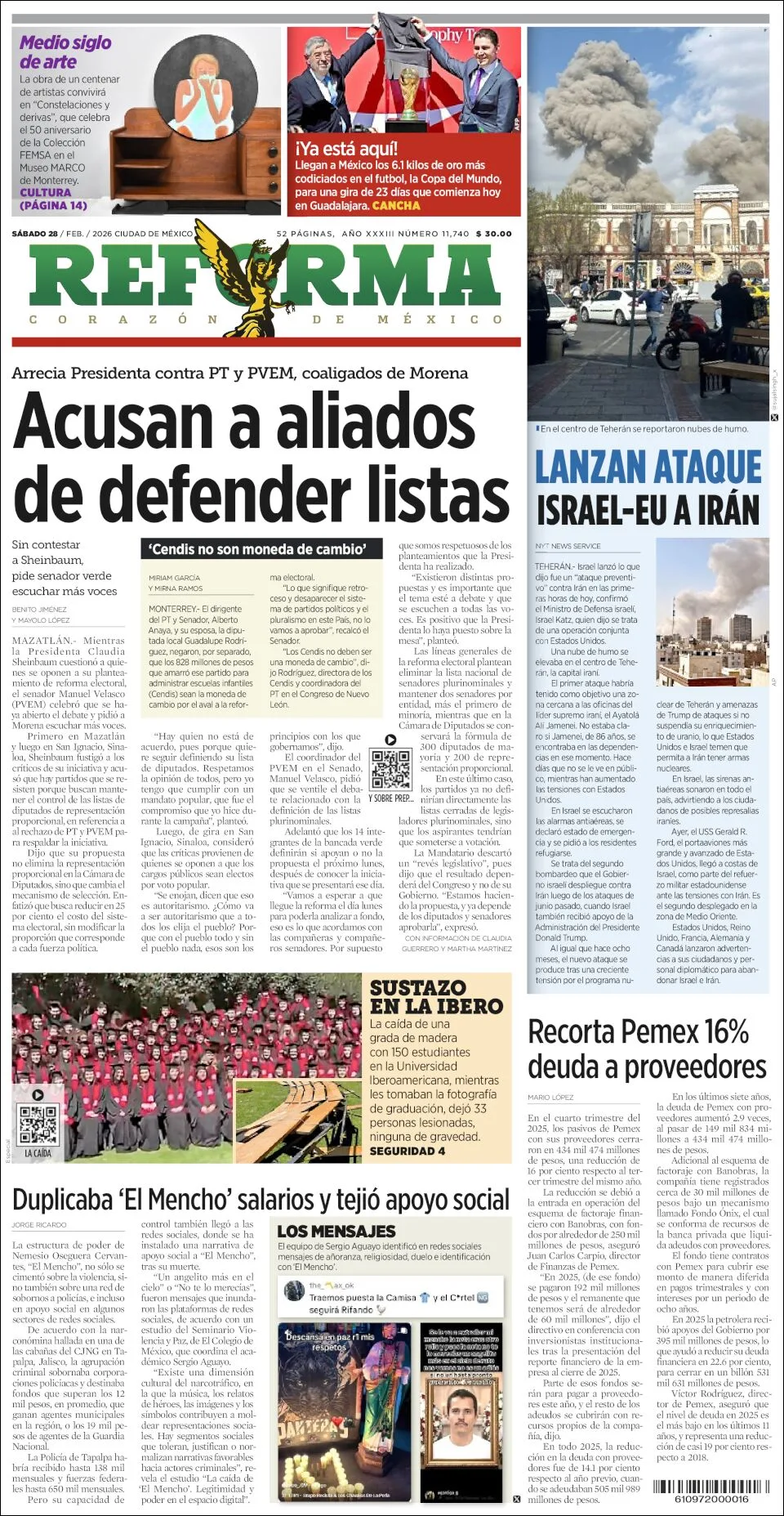 Portada de Reforma del sábado, 28 de febrero de 2026