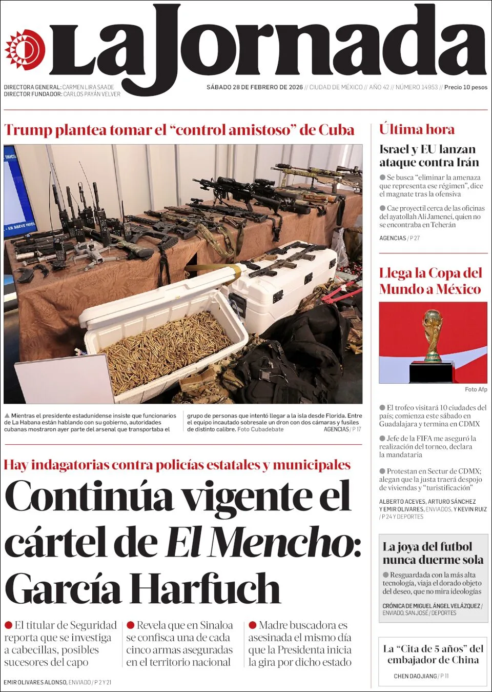 Portada de La Jornada del sábado, 28 de febrero de 2026