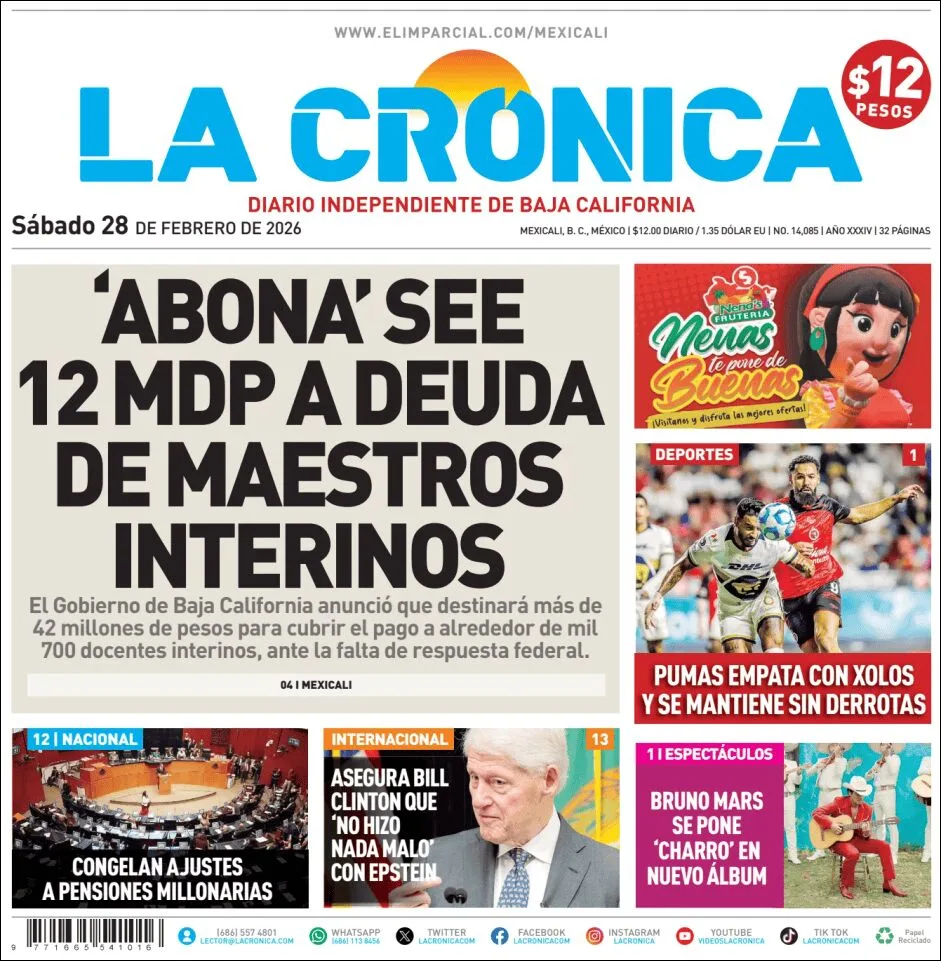 Portada de La Cronica del sábado, 28 de febrero de 2026
