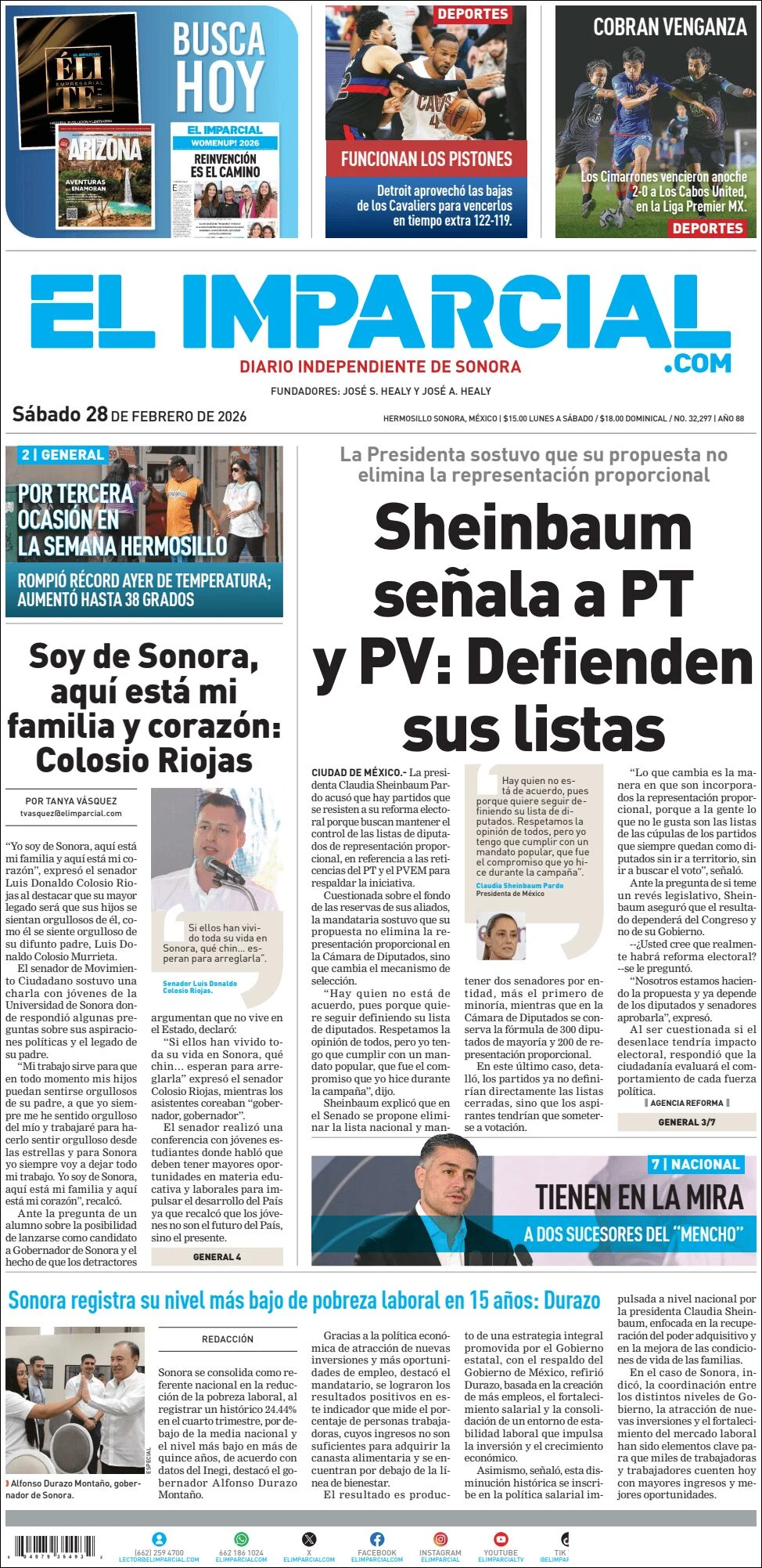 Portada de El Imparcial del sábado, 28 de febrero de 2026