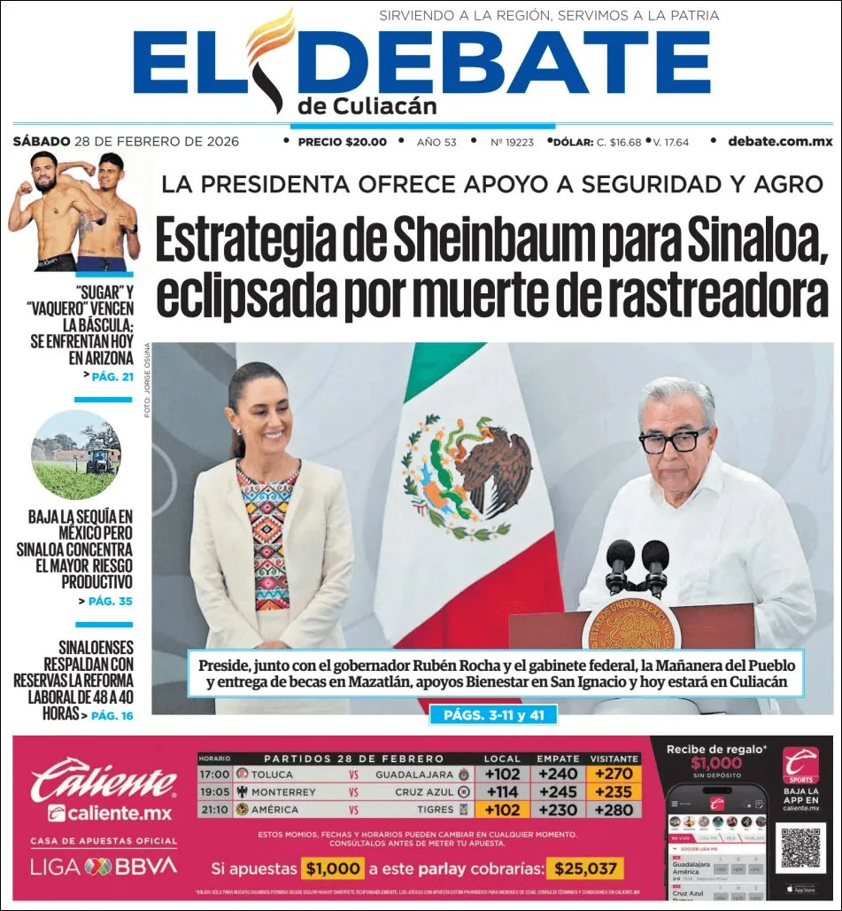 Portada de El Debate de Culiacan del sábado, 28 de febrero de 2026
