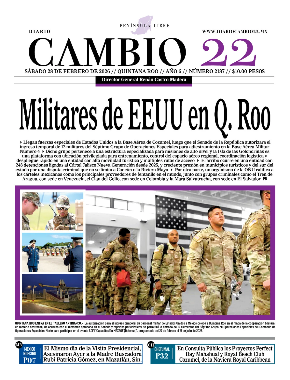 Portada de Diario Cambio 22 (portada) del sábado, 28 de febrero de 2026