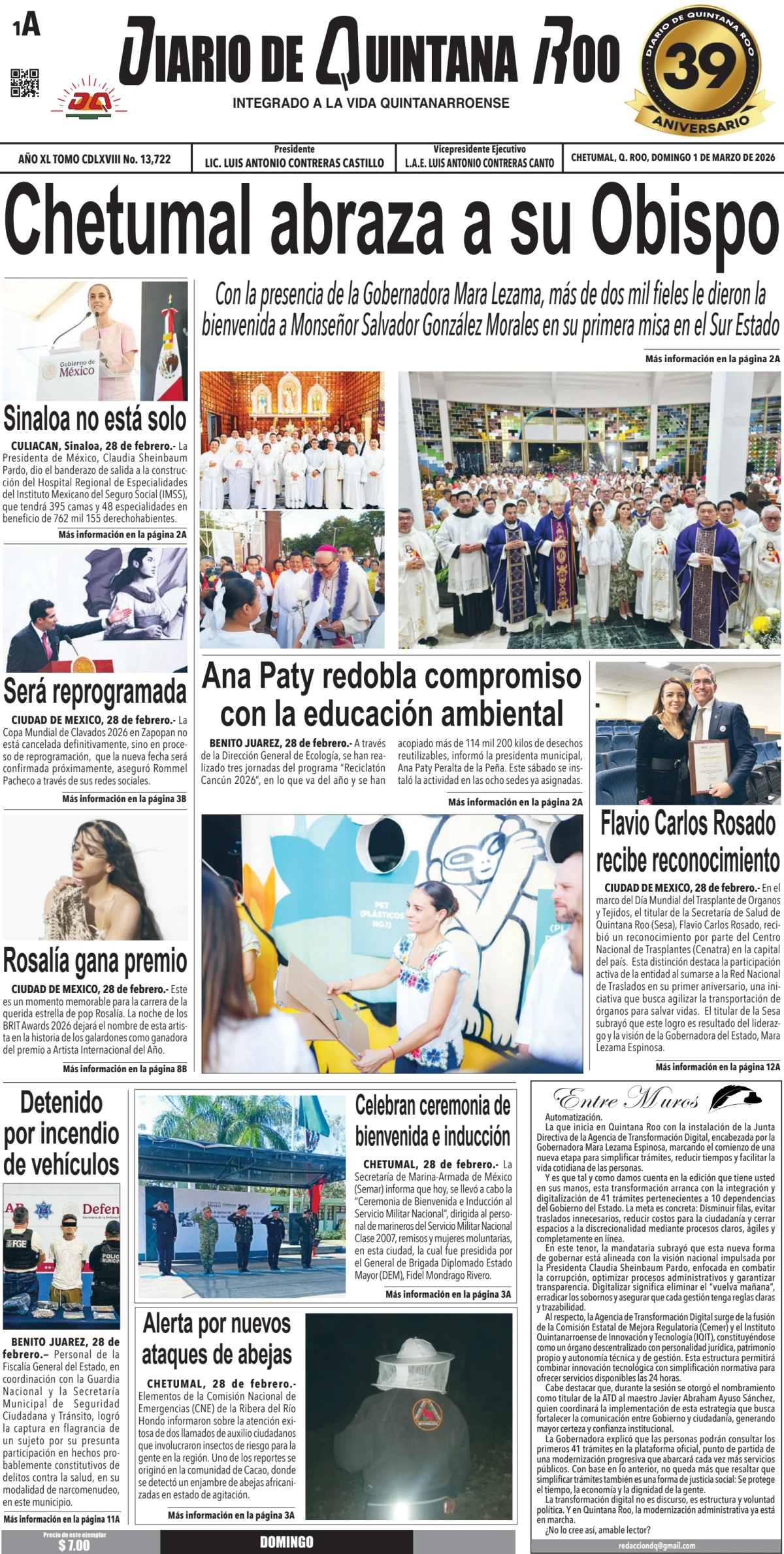 Portada de Diario de Quintana Roo (portada) del domingo, 1 de marzo de 2026