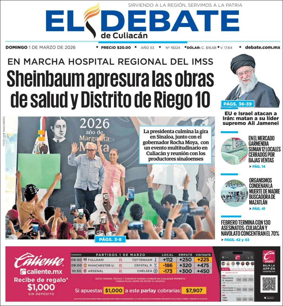 Portada de El Debate de Culiacan del domingo, 1 de marzo de 2026