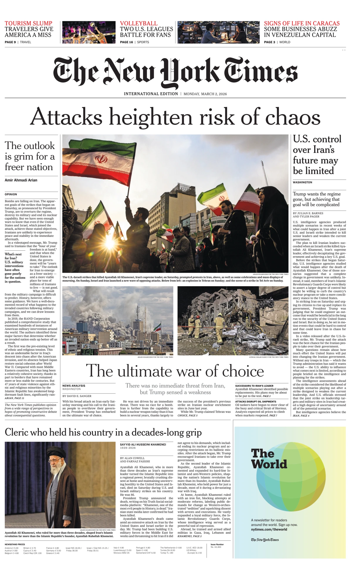 Portada de The New York Times (international) del lunes, 2 de marzo de 2026