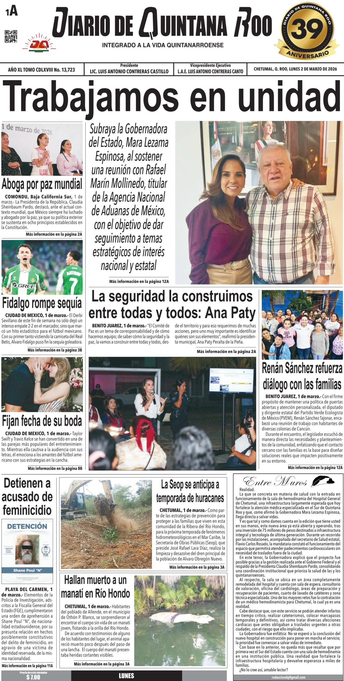Portada de Diario de Quintana Roo (portada) del lunes, 2 de marzo de 2026