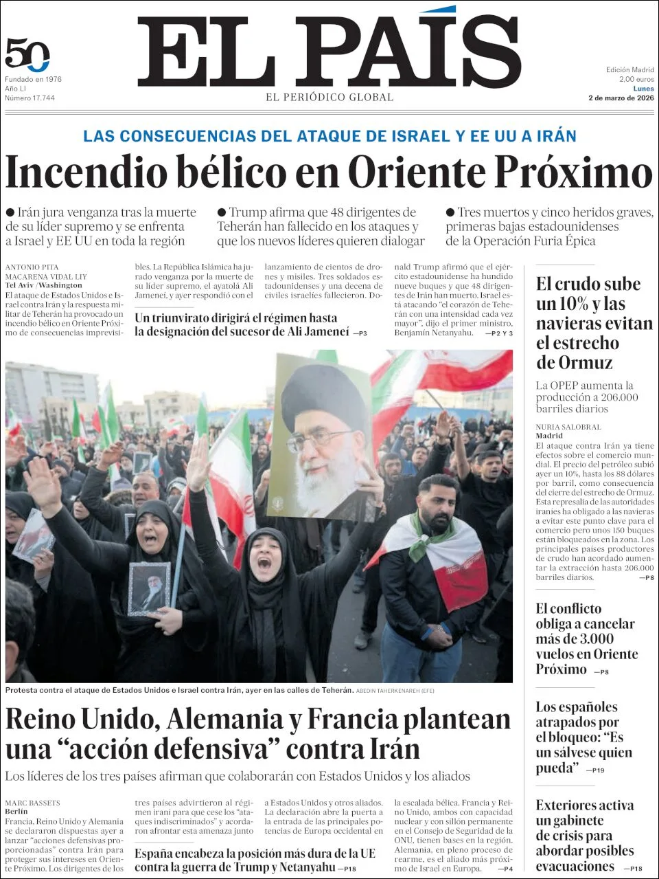 Portada de El Pais del lunes, 2 de marzo de 2026