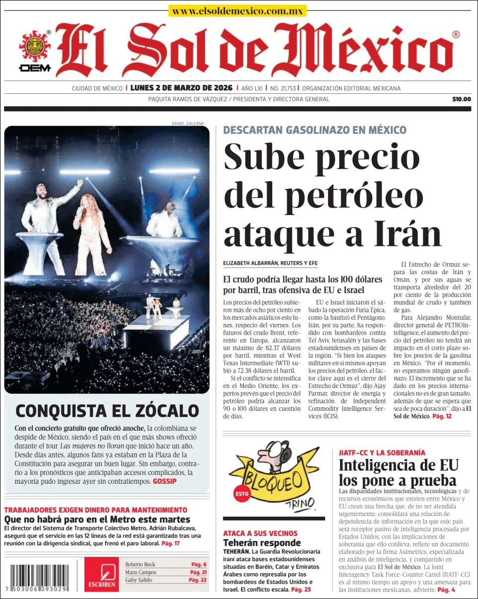 Portada de El Sol de Mexico del lunes, 2 de marzo de 2026