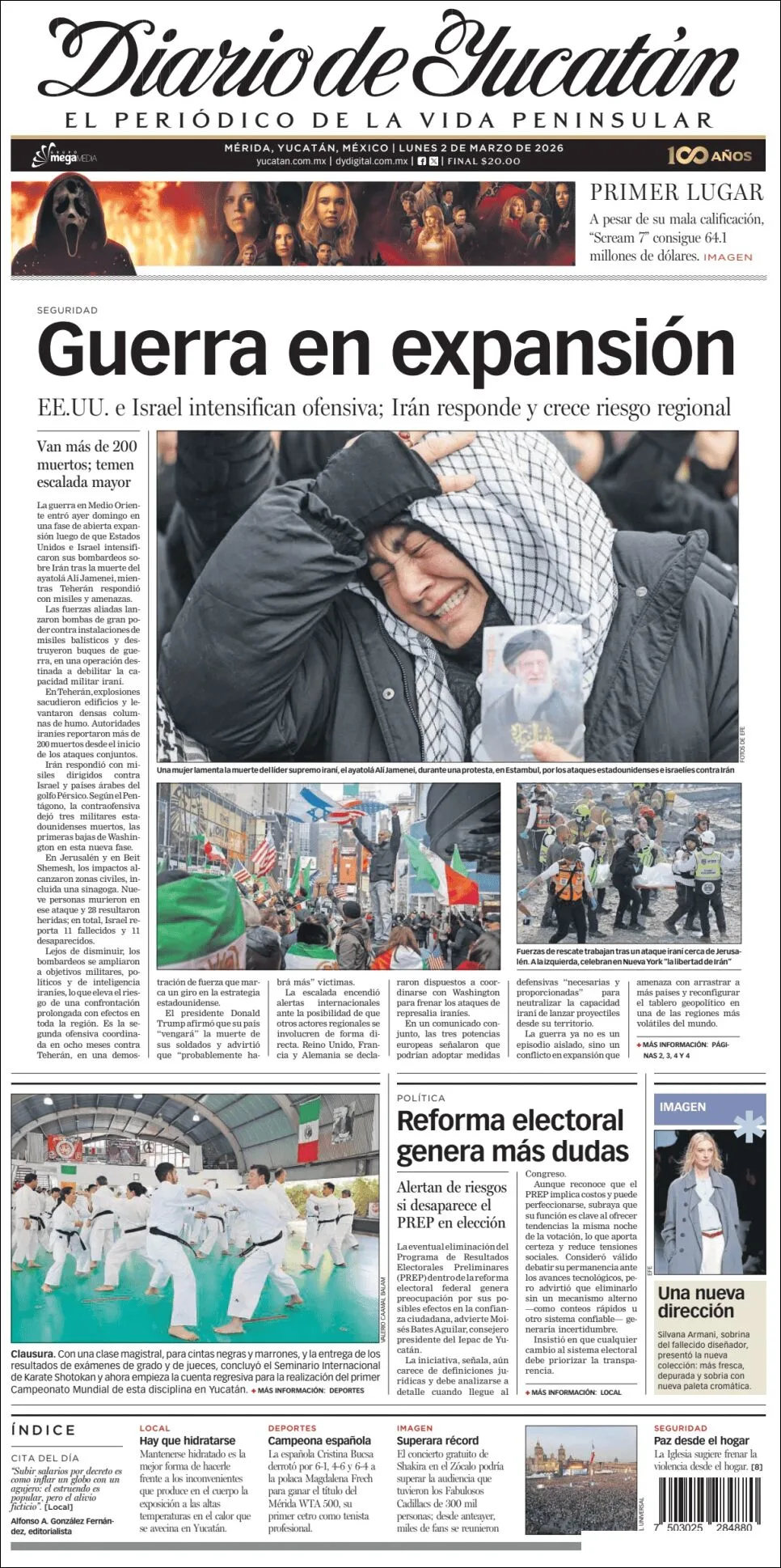 Portada de Diario de Yucatán del lunes, 2 de marzo de 2026