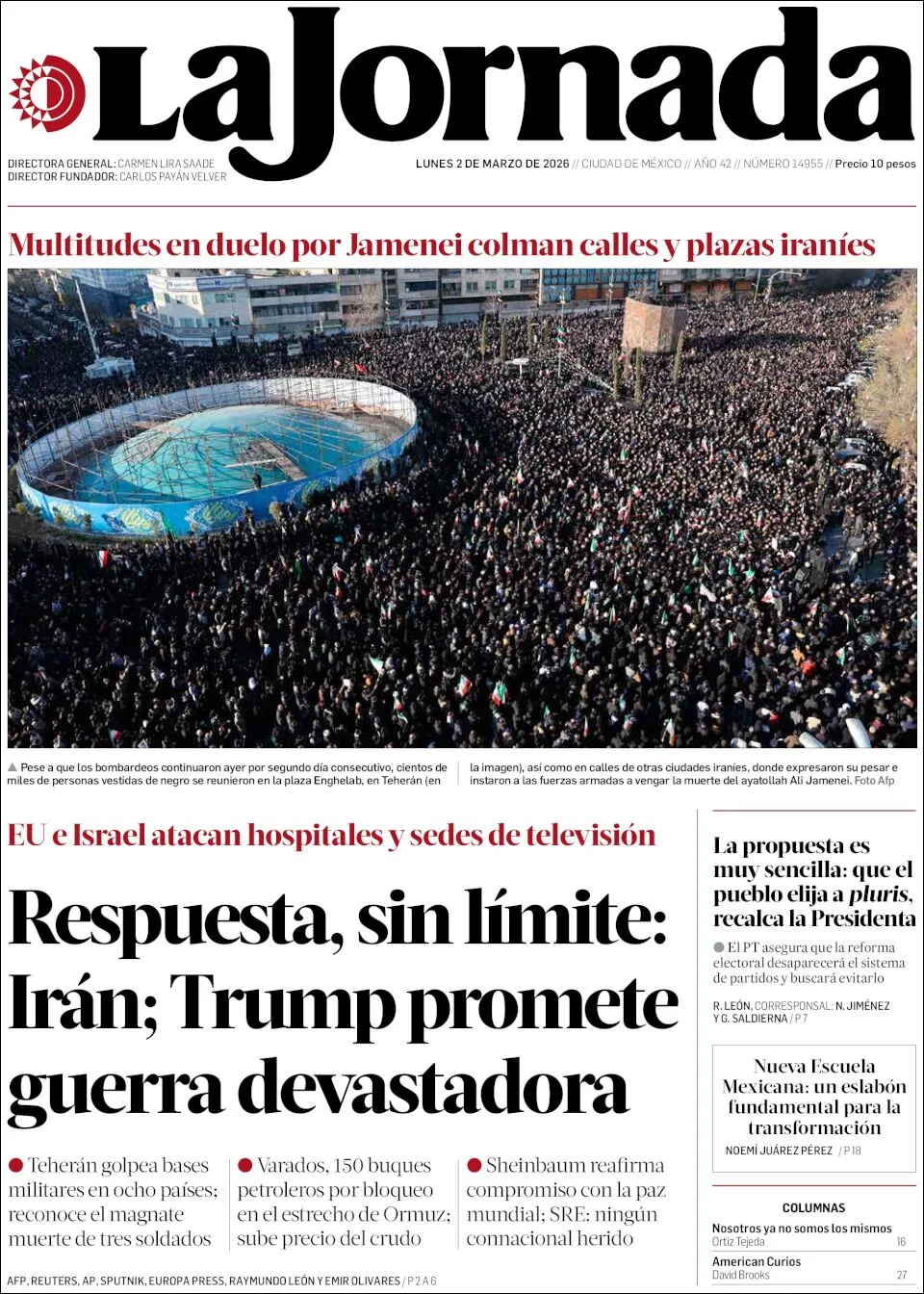 Portada de La Jornada del lunes, 2 de marzo de 2026