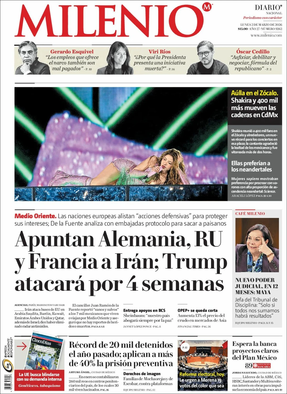 Portada de Milenio del lunes, 2 de marzo de 2026
