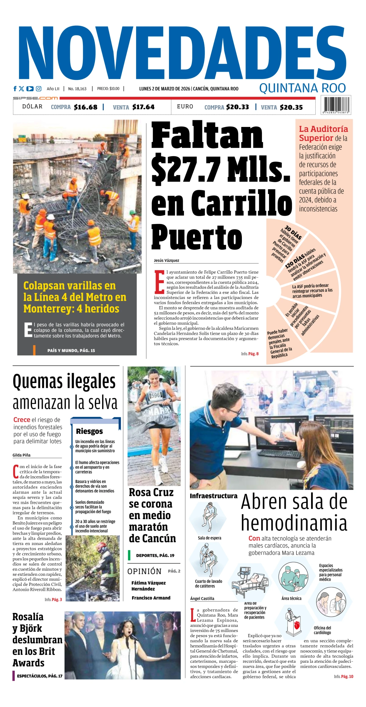 Portada de Novedades Quintana Roo del lunes, 2 de marzo de 2026