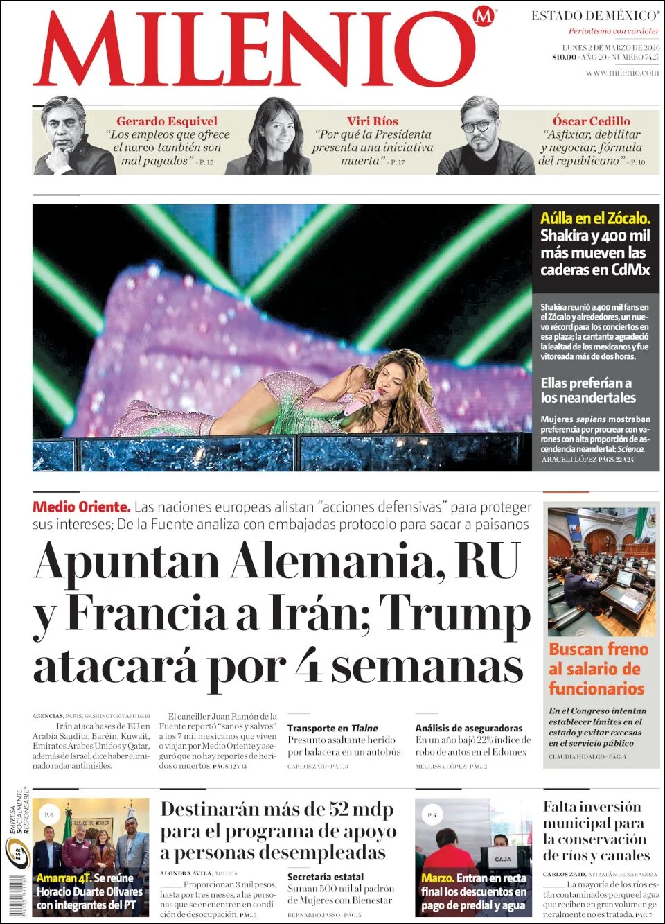 Portada de Milenio Edo de Mexico del lunes, 2 de marzo de 2026