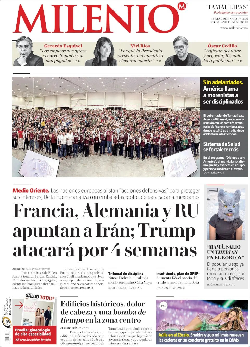 Portada de Milenio Tamaulipas del lunes, 2 de marzo de 2026