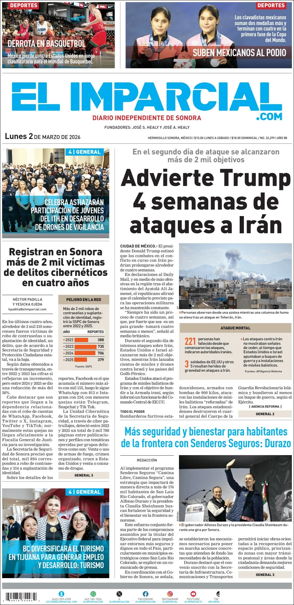 Portada de El Imparcial del lunes, 2 de marzo de 2026