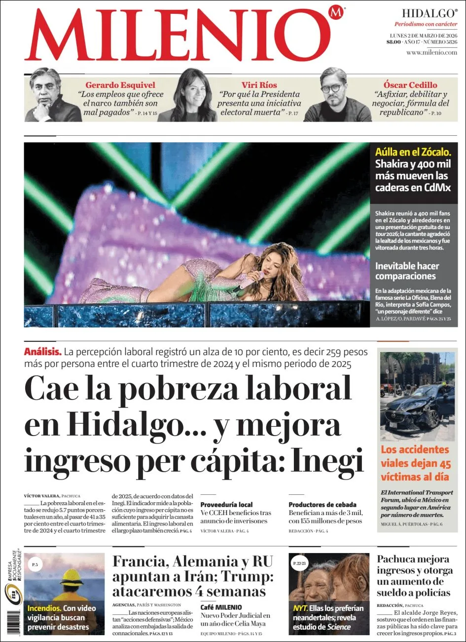 Portada de Milenio Hidalgo del lunes, 2 de marzo de 2026