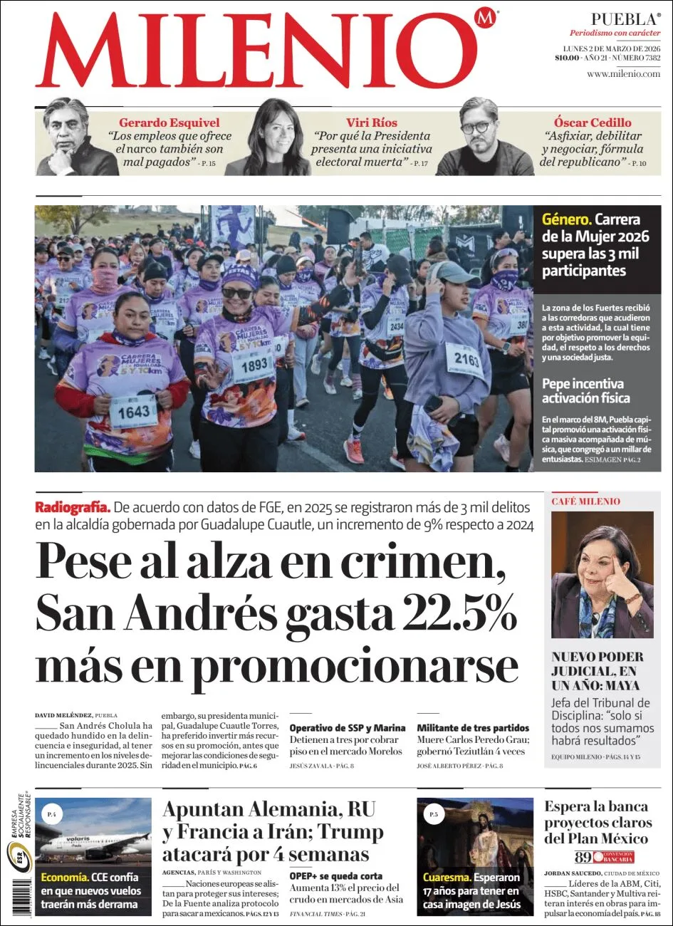 Portada de Milenio Puebla del lunes, 2 de marzo de 2026