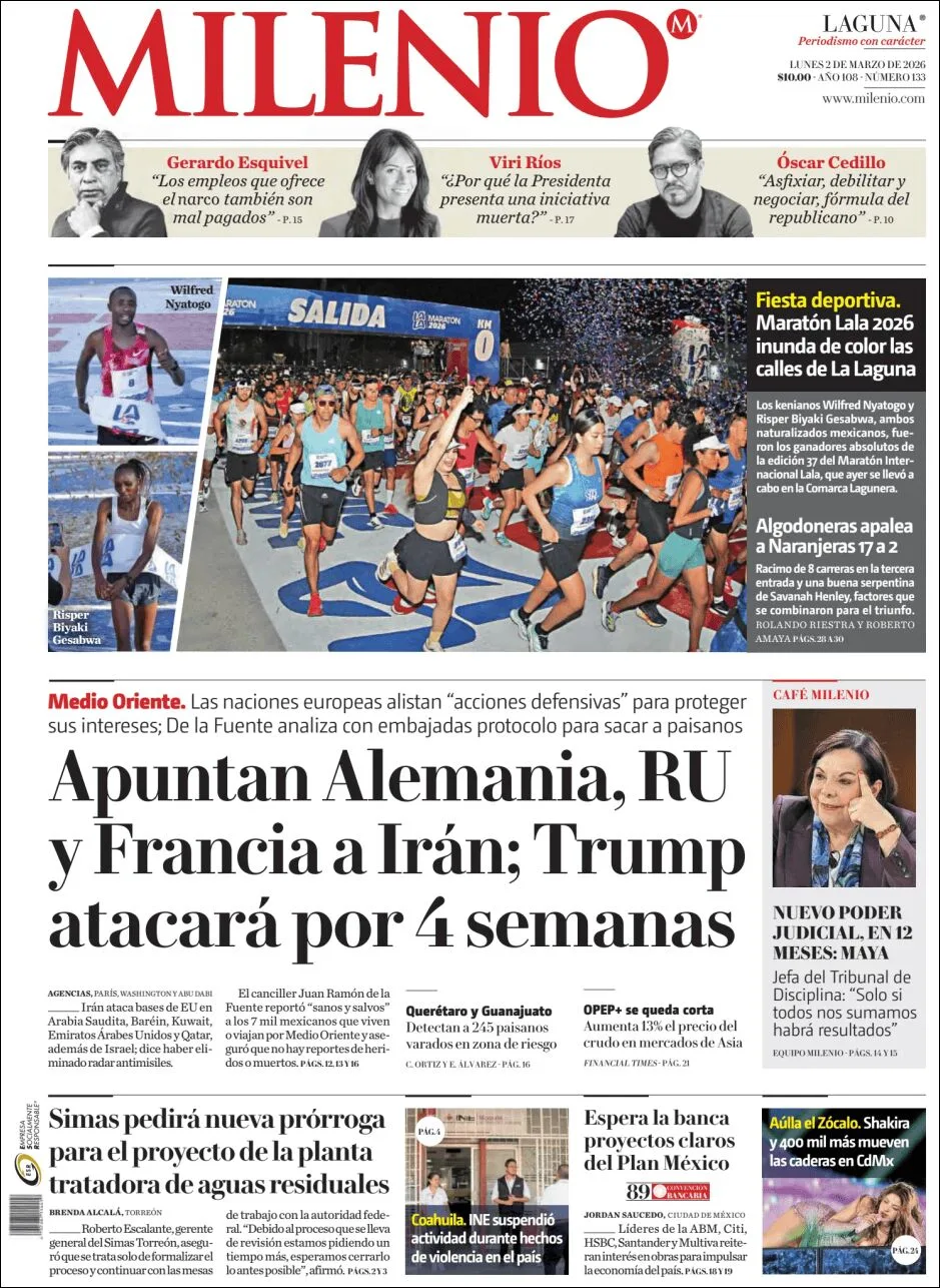 Portada de Milenio Laguna del lunes, 2 de marzo de 2026