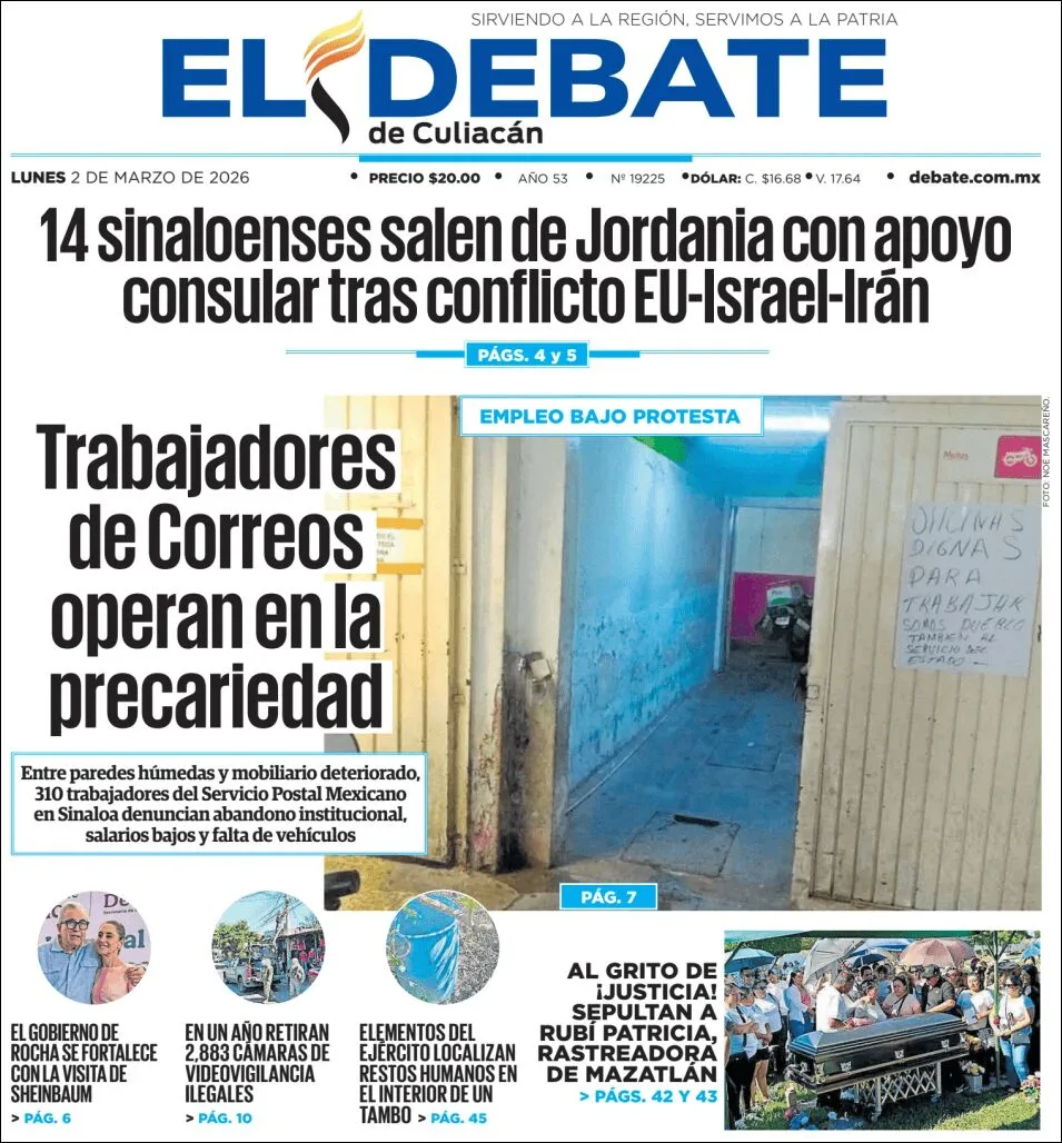 Portada de El Debate de Culiacan del lunes, 2 de marzo de 2026