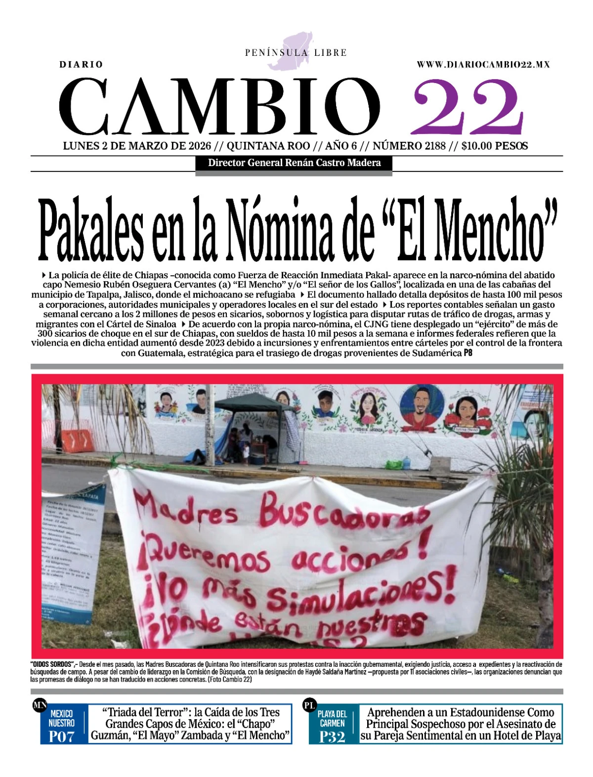 Portada de Diario Cambio 22 (contraportada) del lunes, 2 de marzo de 2026
