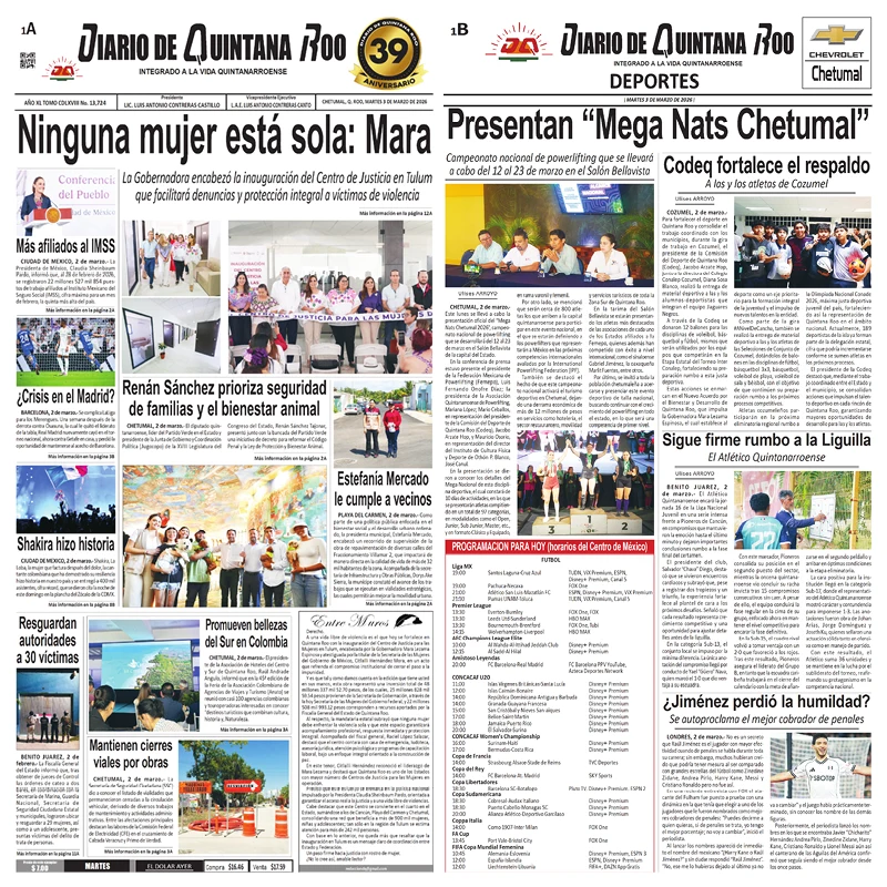 Portada de Diario de Quintana Roo (portada) del martes, 3 de marzo de 2026