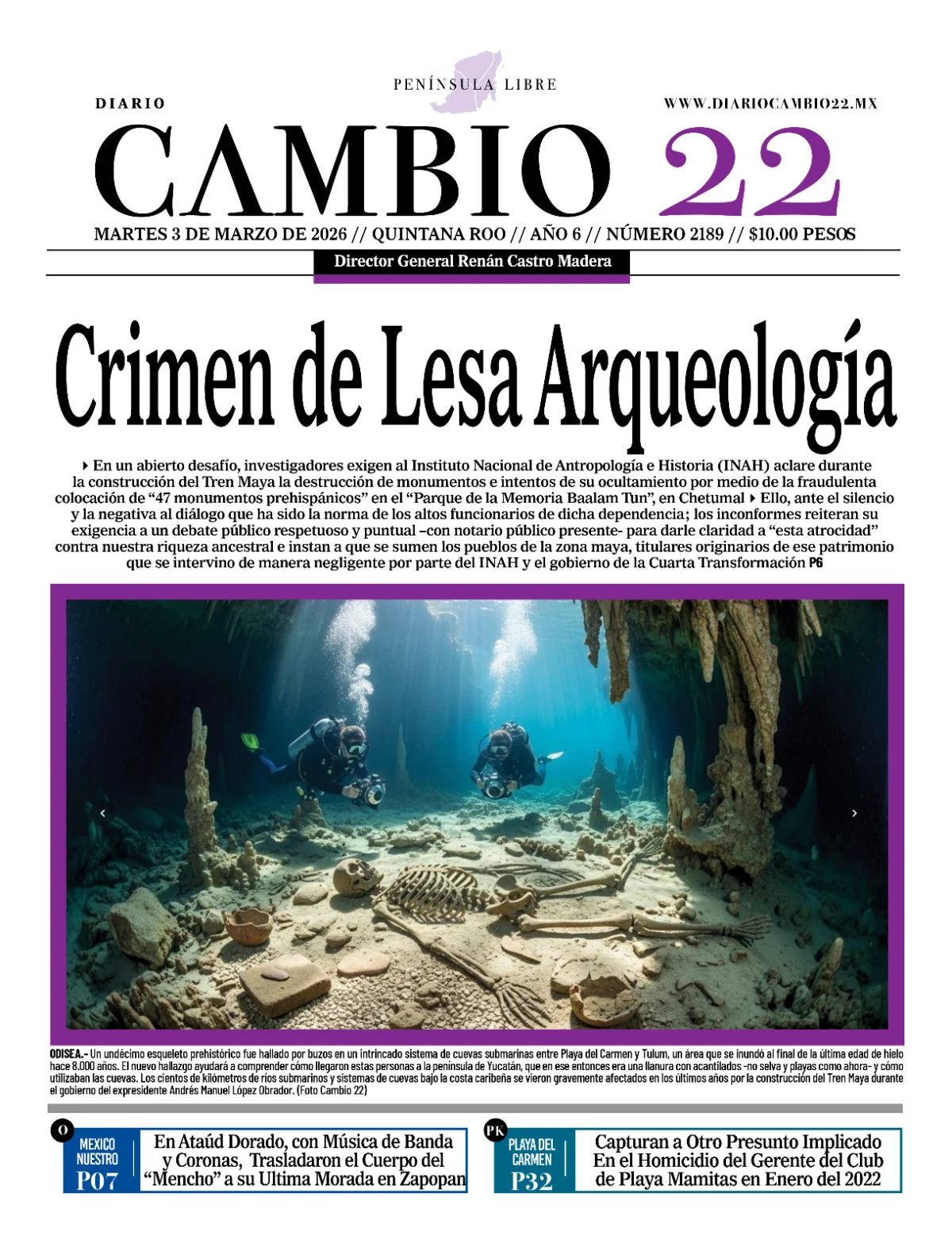 Portada de Diario Cambio 22 (portada) del martes, 3 de marzo de 2026