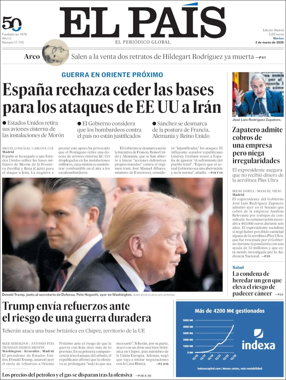 Portada de El Pais del martes, 3 de marzo de 2026