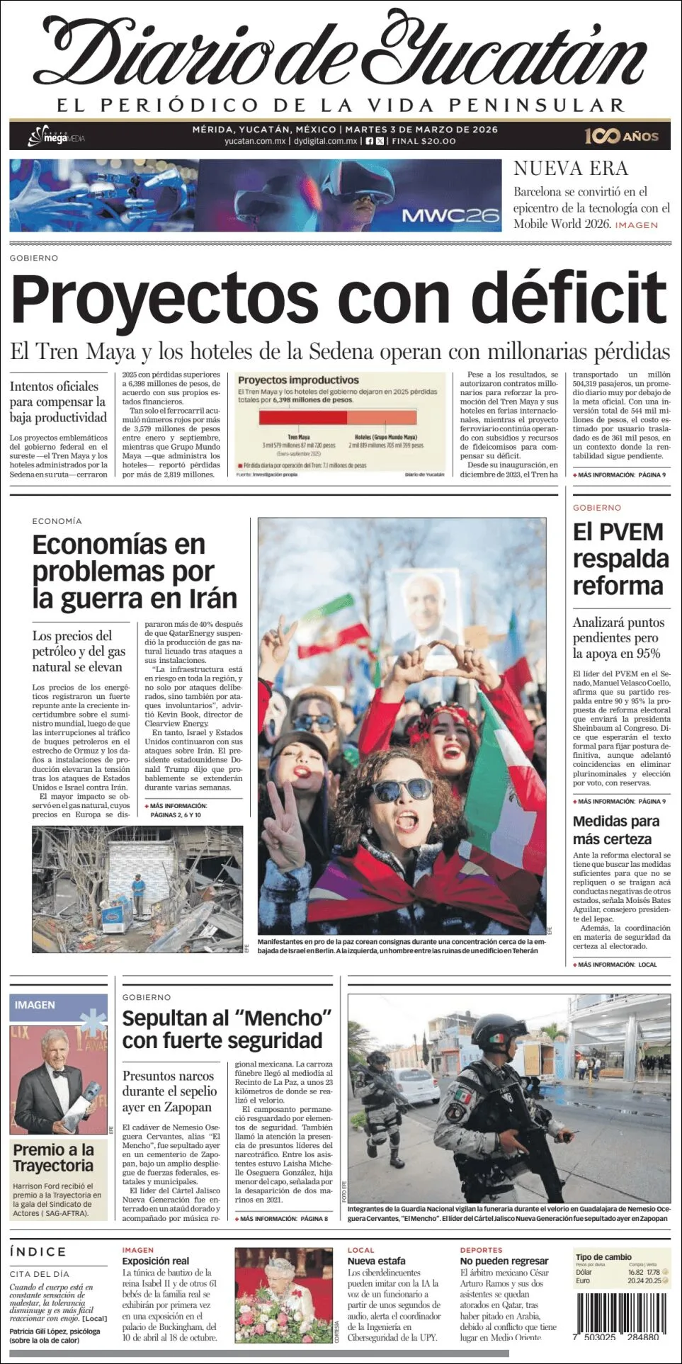 Portada de Diario de Yucatán del martes, 3 de marzo de 2026