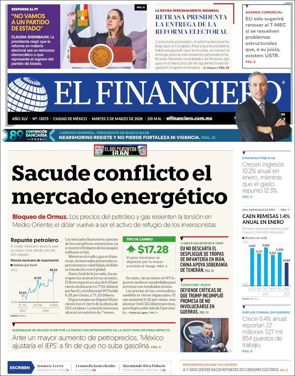 Portada de El Financiero del martes, 3 de marzo de 2026
