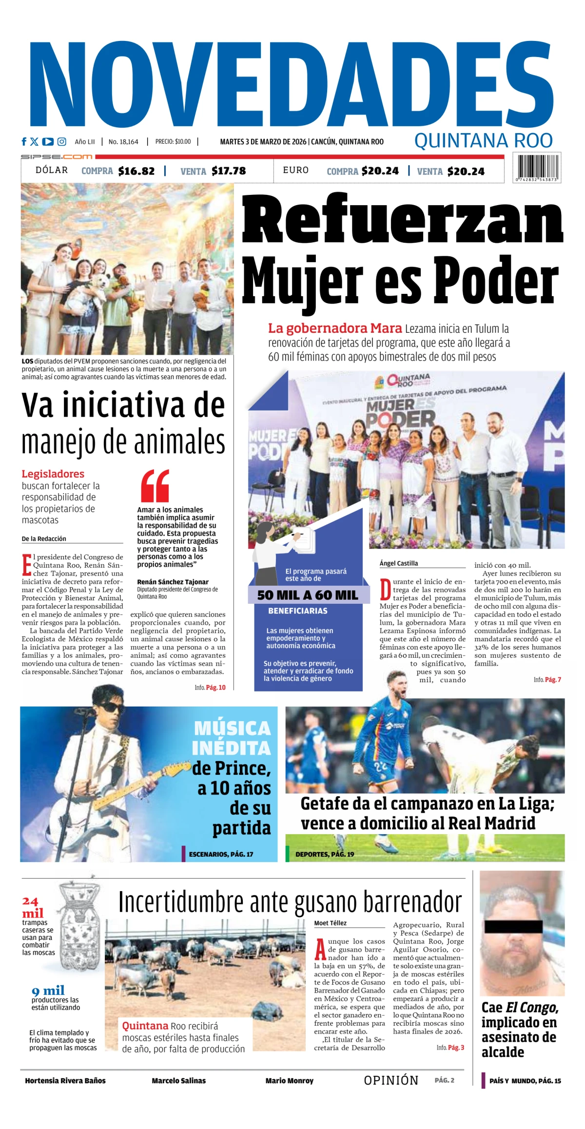 Portada de Novedades Quintana Roo del martes, 3 de marzo de 2026