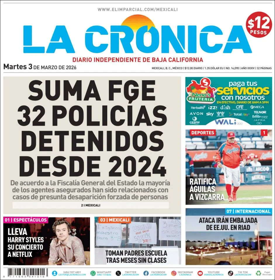 Portada de La Cronica del martes, 3 de marzo de 2026