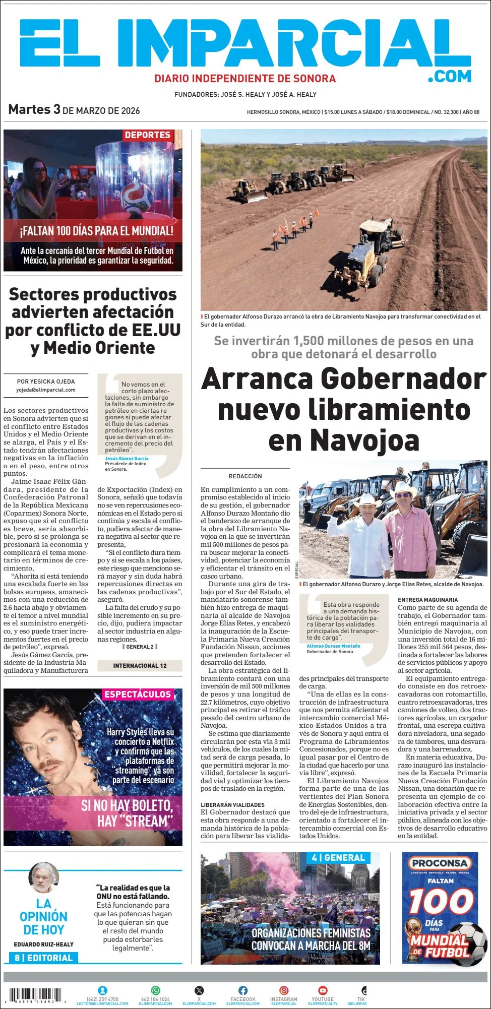 Portada de El Imparcial del martes, 3 de marzo de 2026