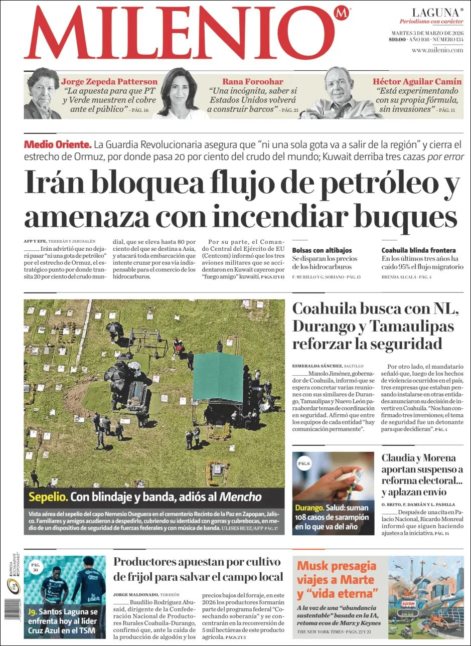 Portada de Milenio Laguna del martes, 3 de marzo de 2026