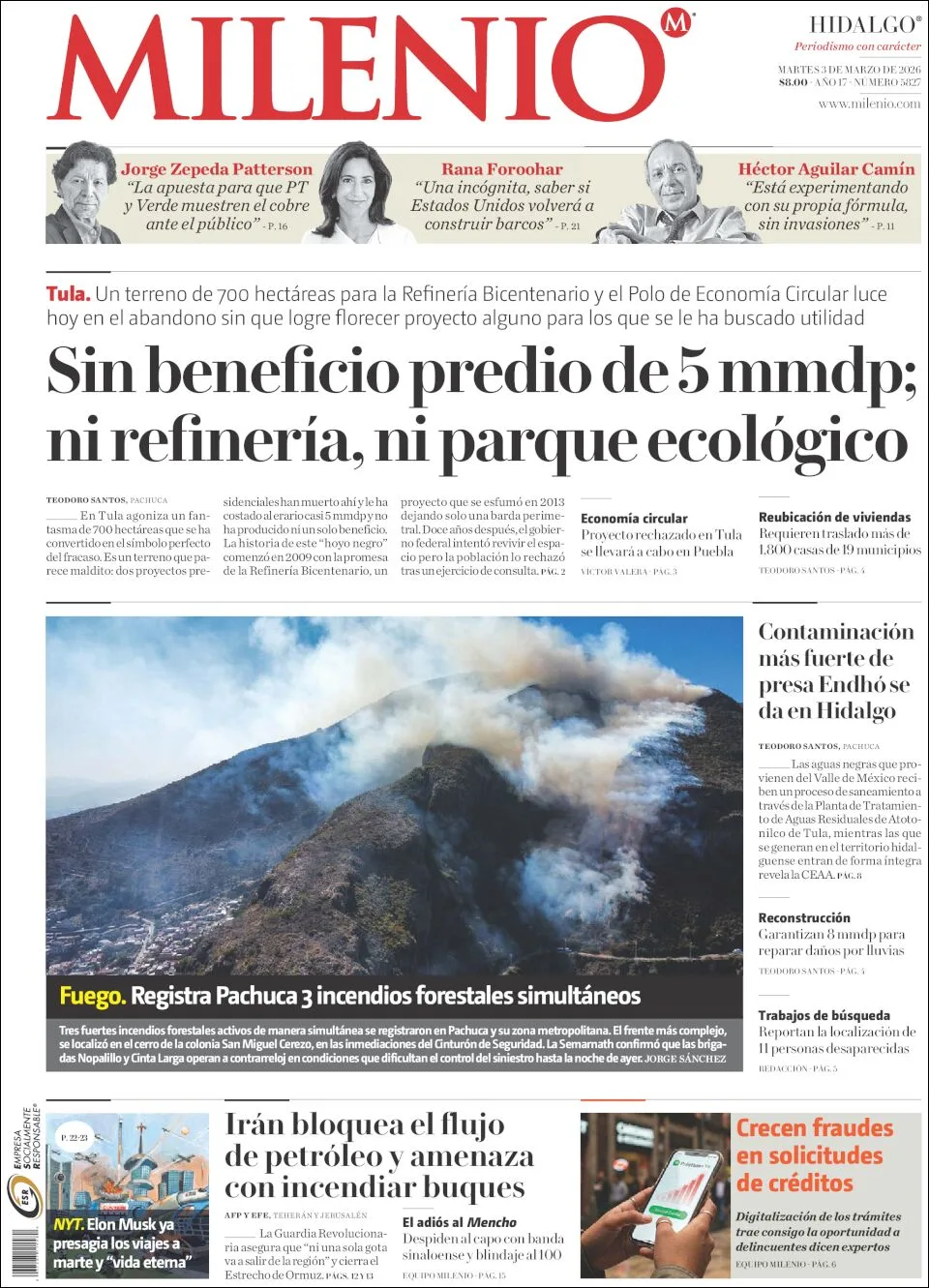 Portada de Milenio Hidalgo del martes, 3 de marzo de 2026