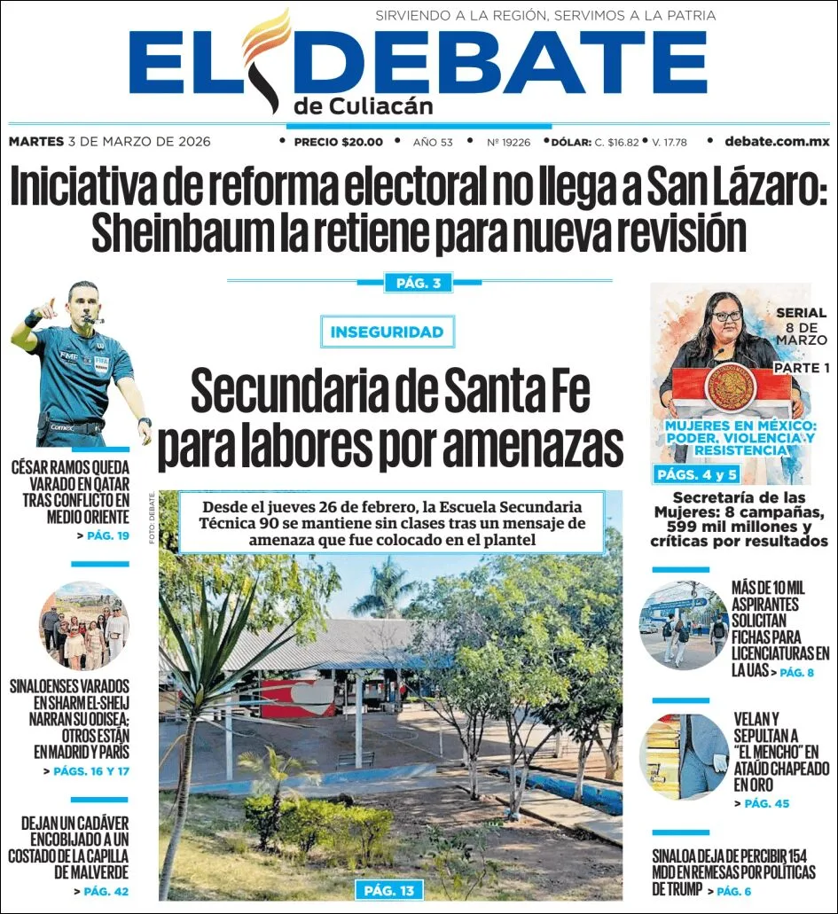 Portada de El Debate de Culiacan del martes, 3 de marzo de 2026