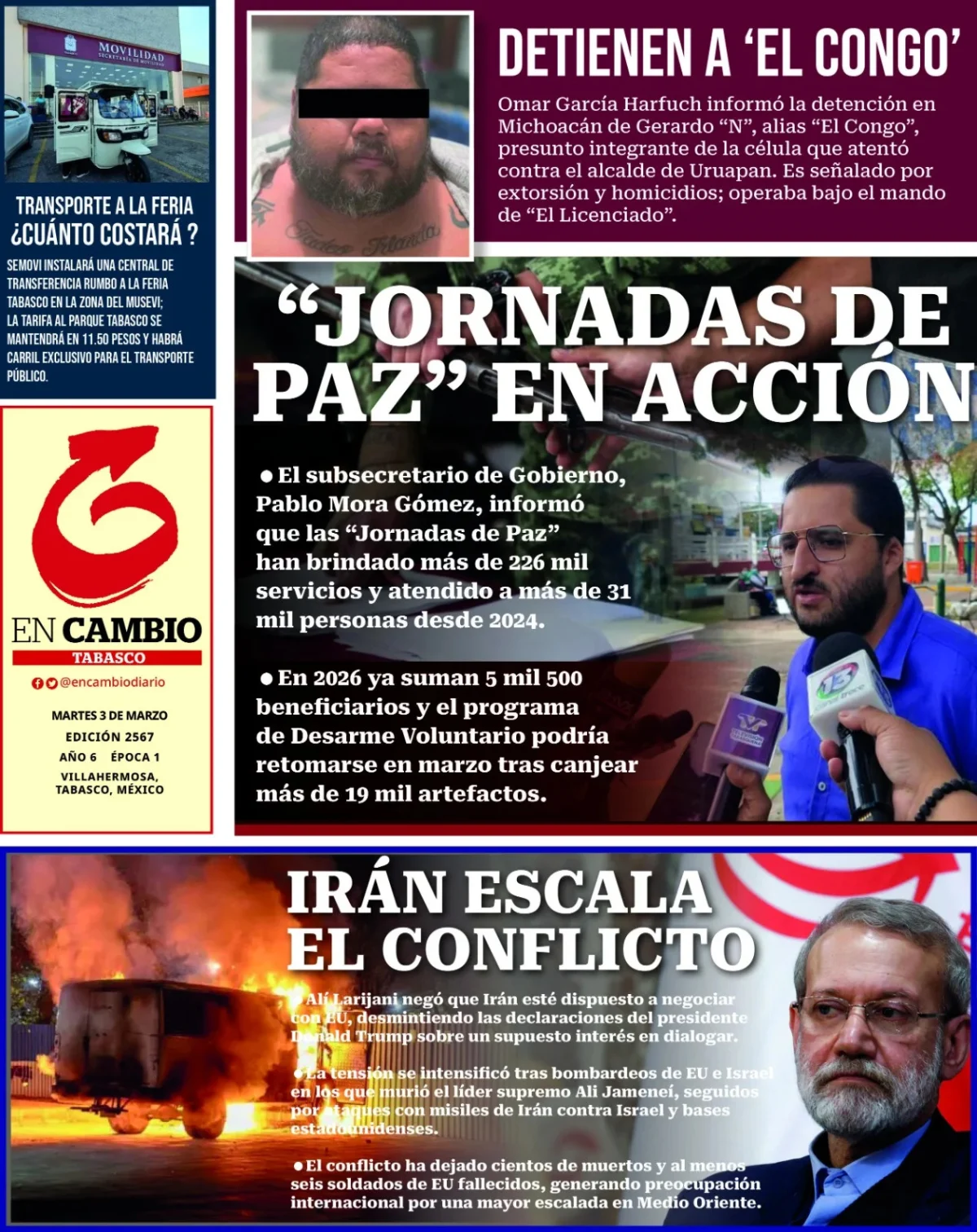 Portada de En Cambio - Tabasco (portada) del martes, 3 de marzo de 2026