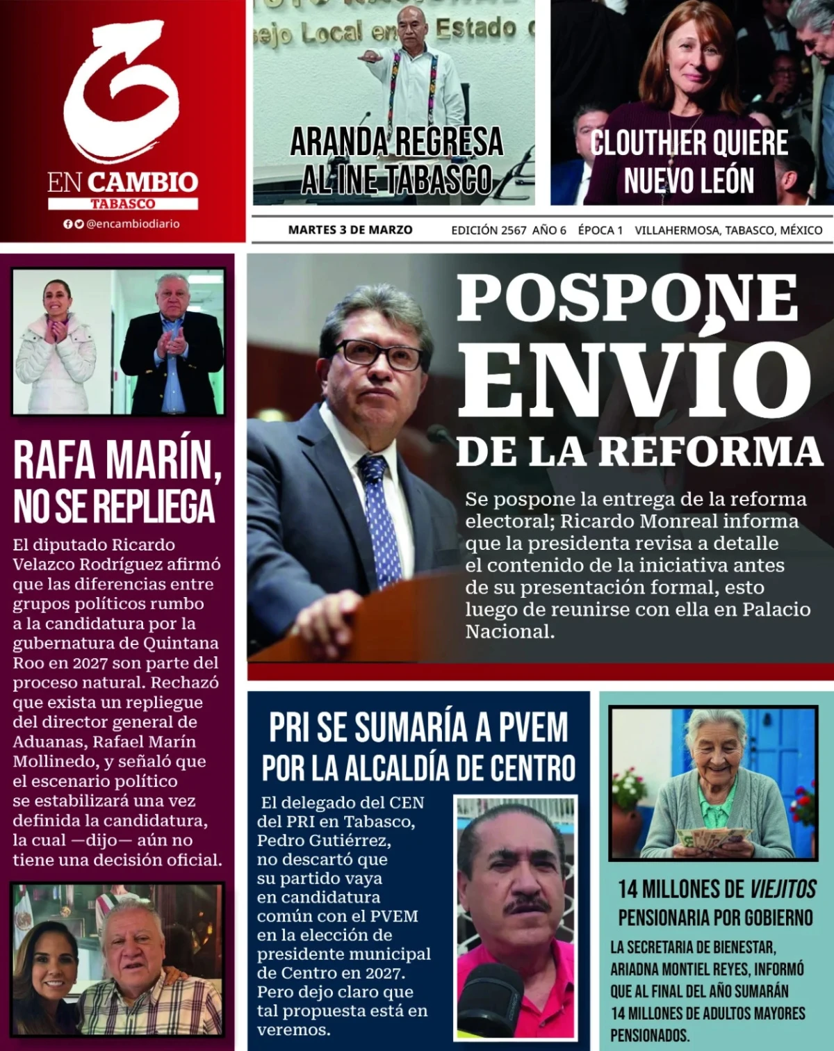 Portada de En Cambio - Tabasco (contraportada) del martes, 3 de marzo de 2026