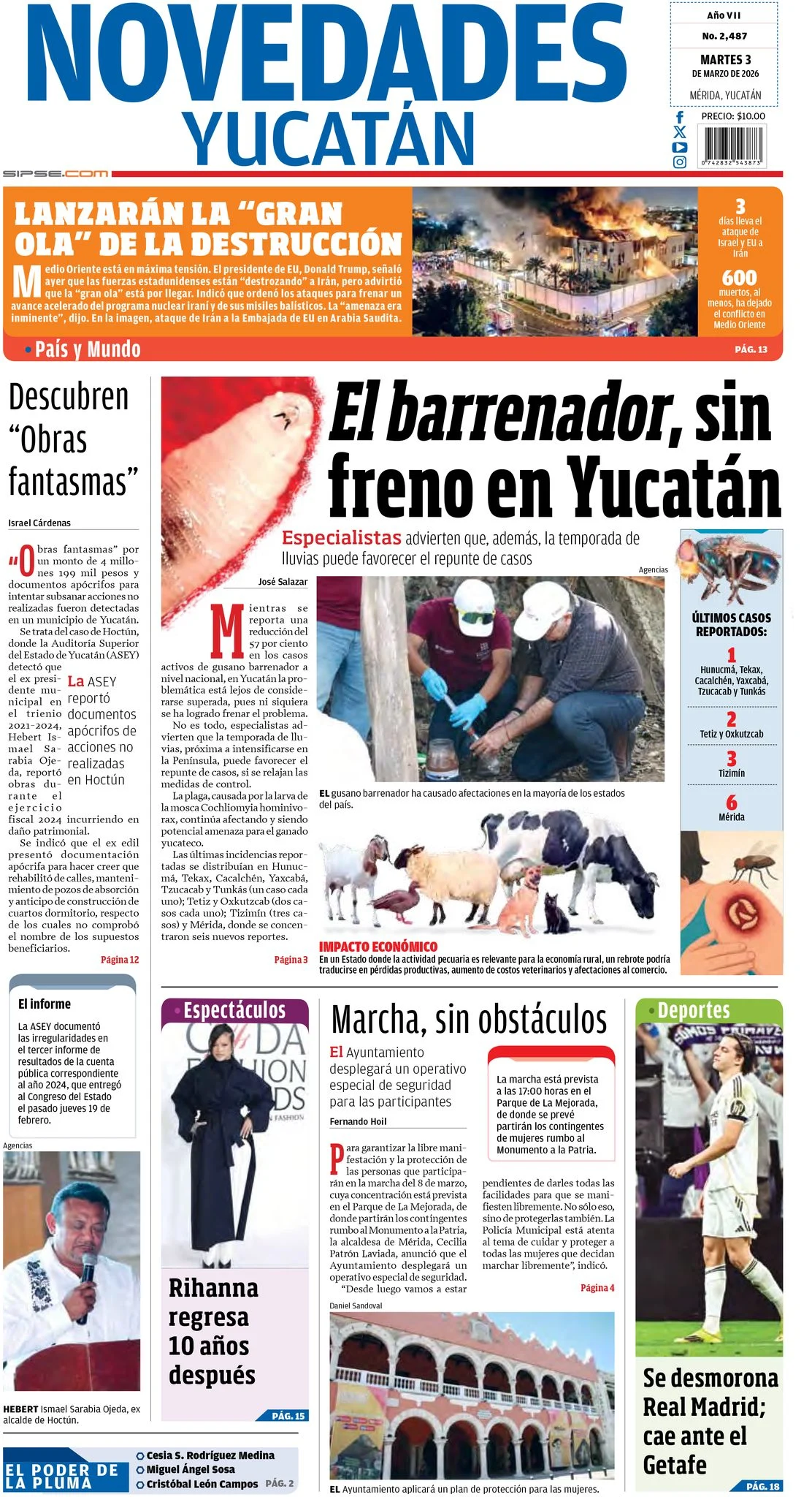 Portada de Novedades Yucatan del martes, 3 de marzo de 2026