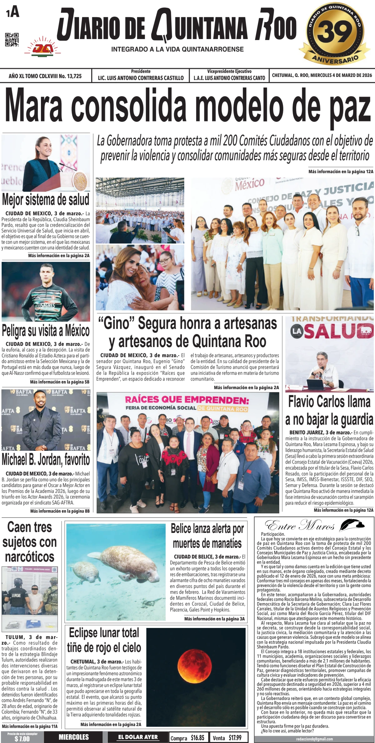 Portada de Diario de Quintana Roo (portada) del miércoles, 4 de marzo de 2026