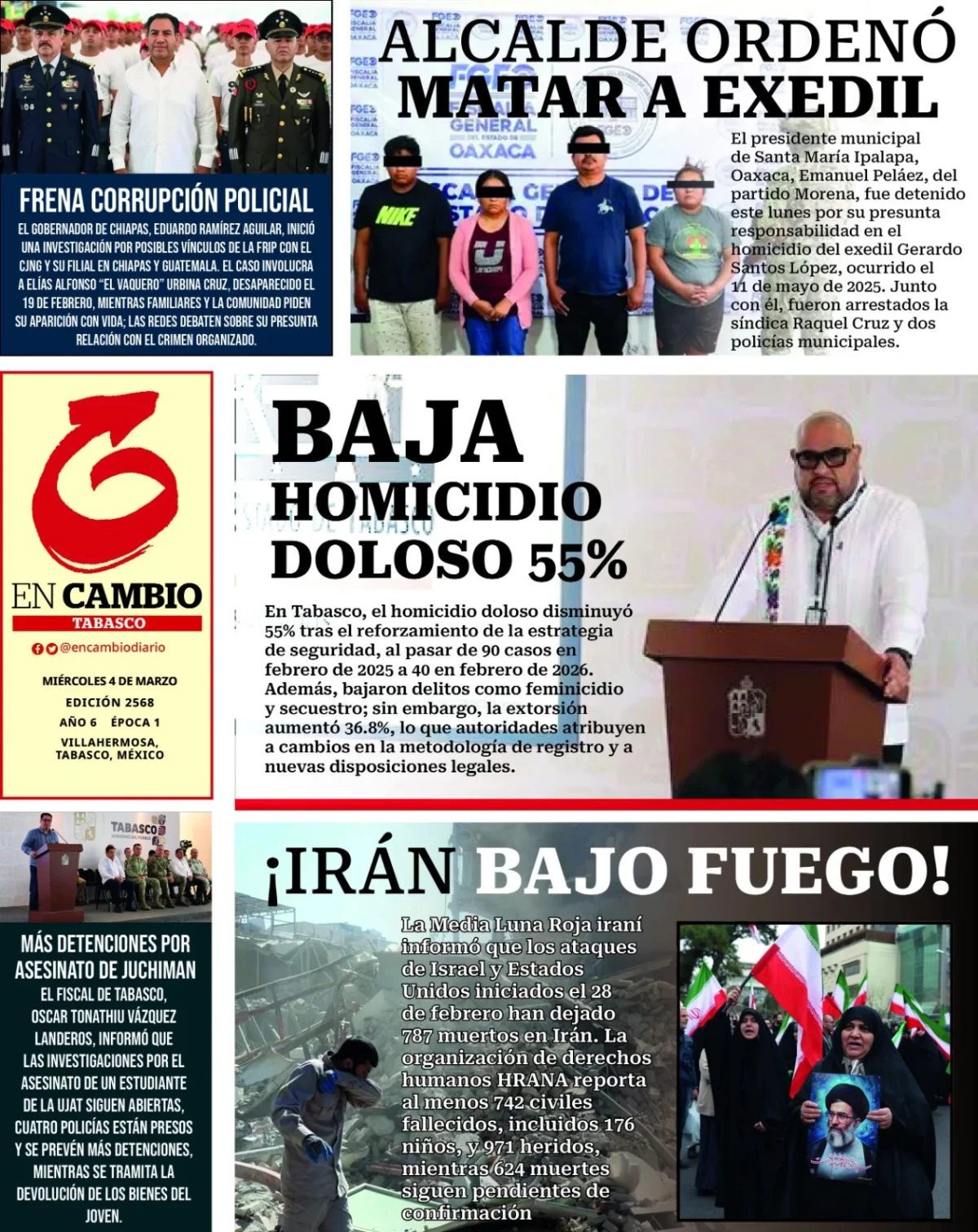 Portada de En Cambio - Tabasco (portada) del miércoles, 4 de marzo de 2026