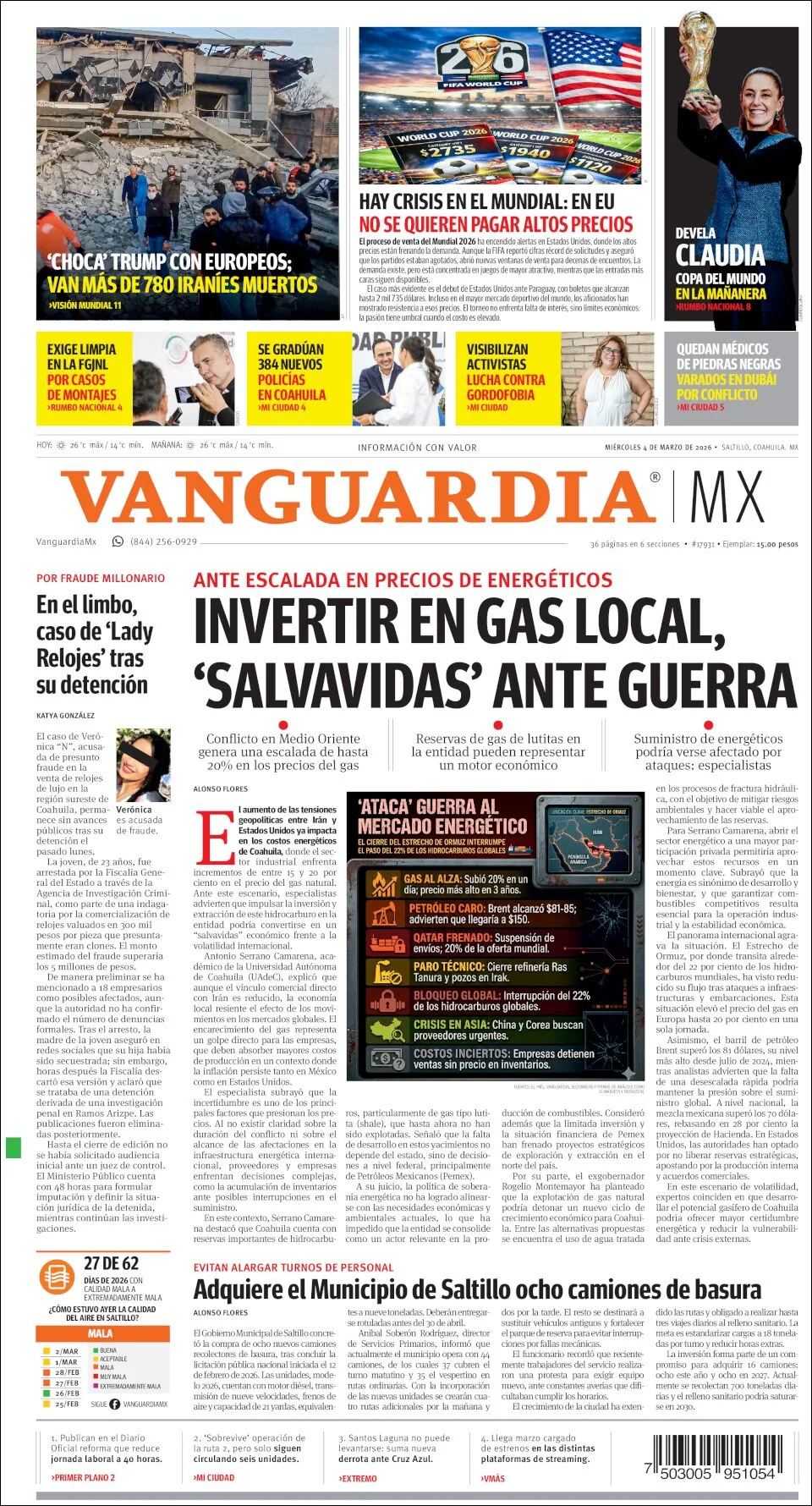 Portada de Vanguardia del miércoles, 4 de marzo de 2026