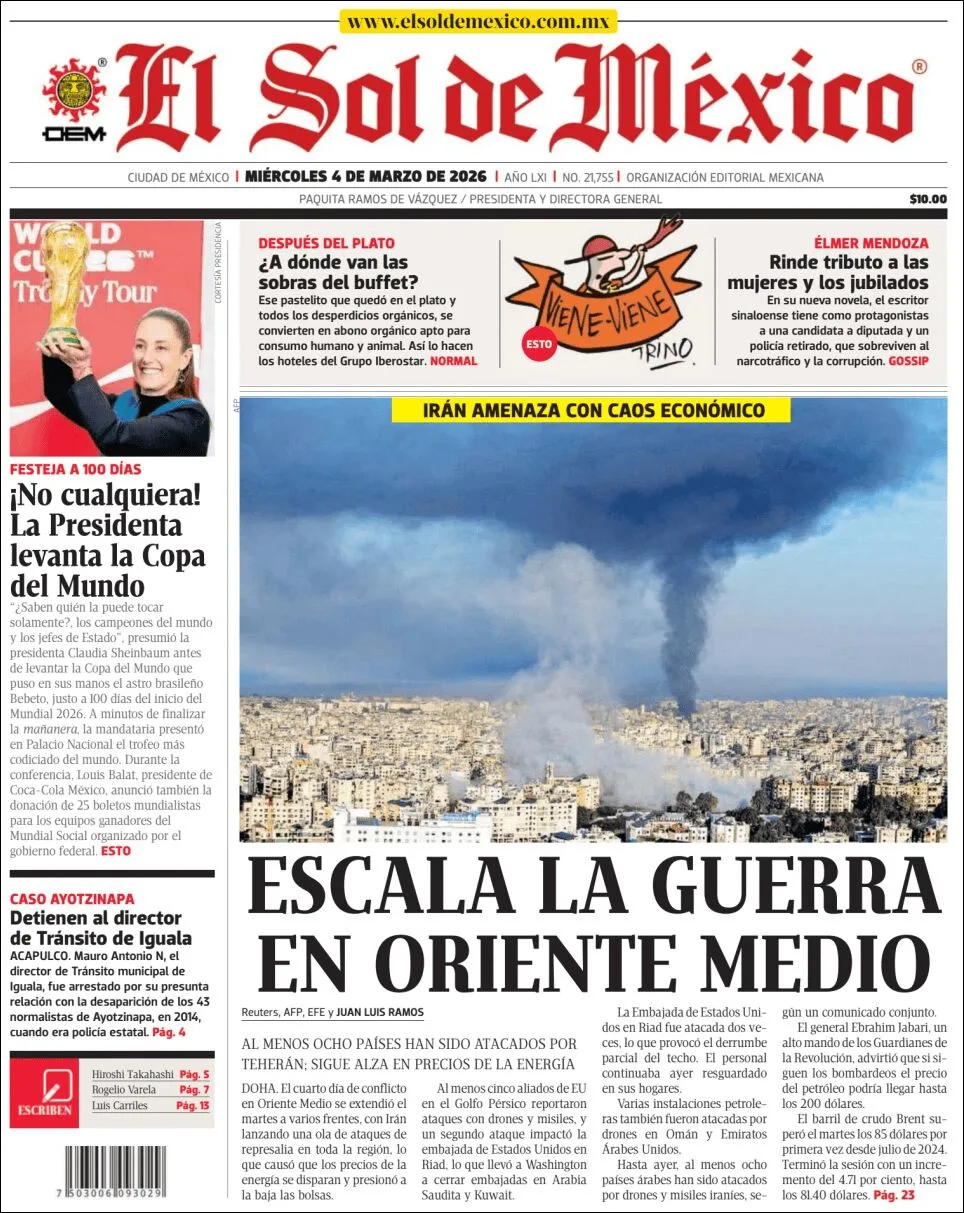 Portada de El Sol de Mexico del miércoles, 4 de marzo de 2026