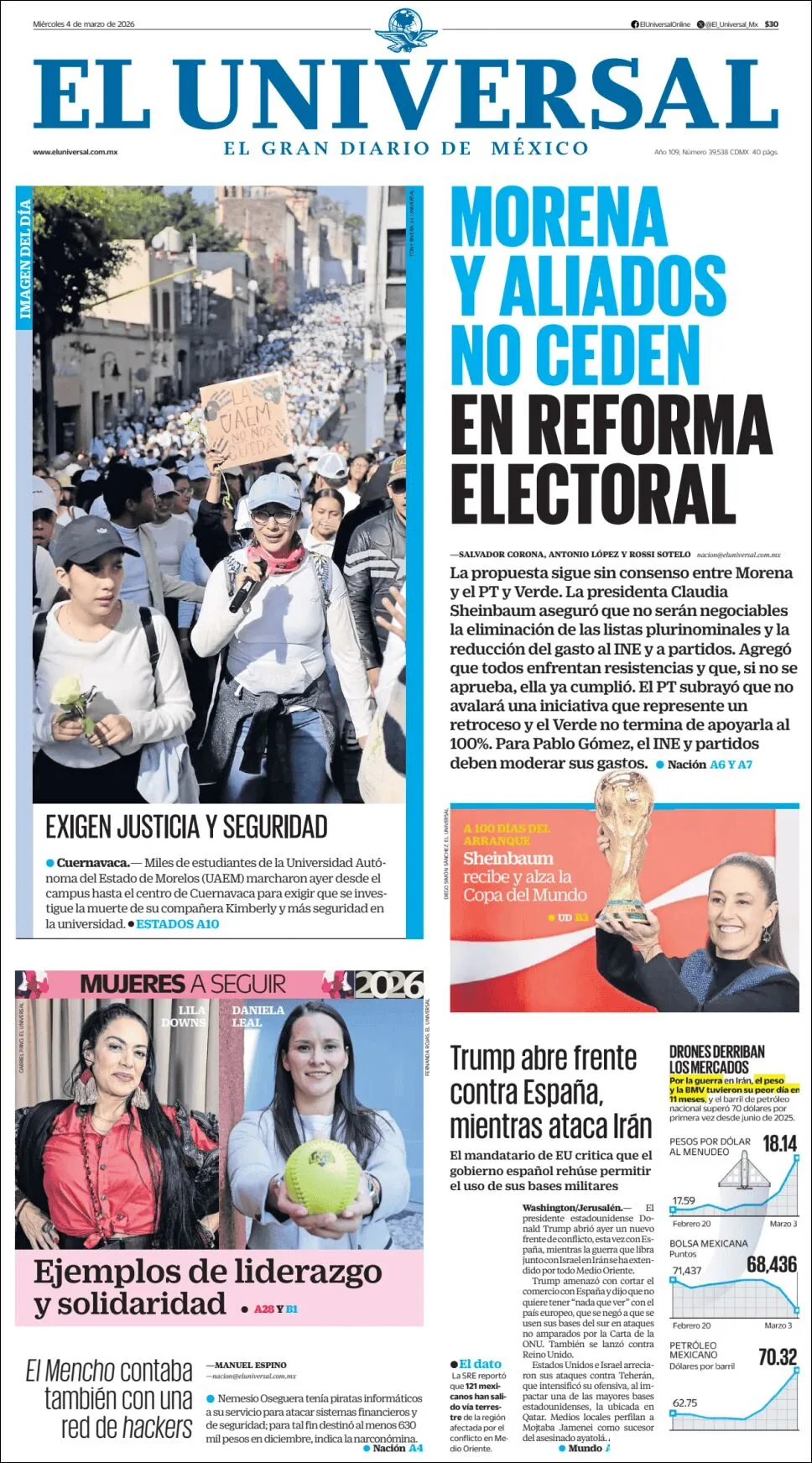 Portada de El Universal del miércoles, 4 de marzo de 2026