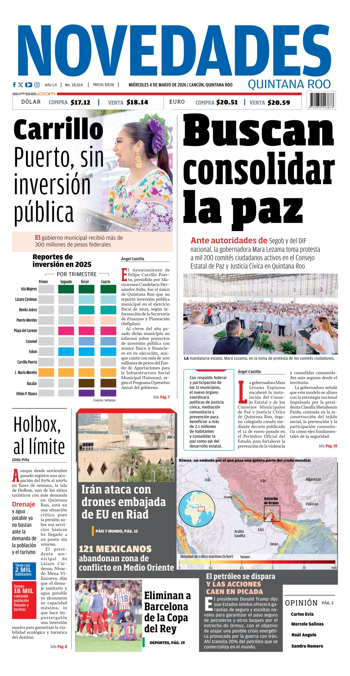 Portada de Novedades Quintana Roo del miércoles, 4 de marzo de 2026