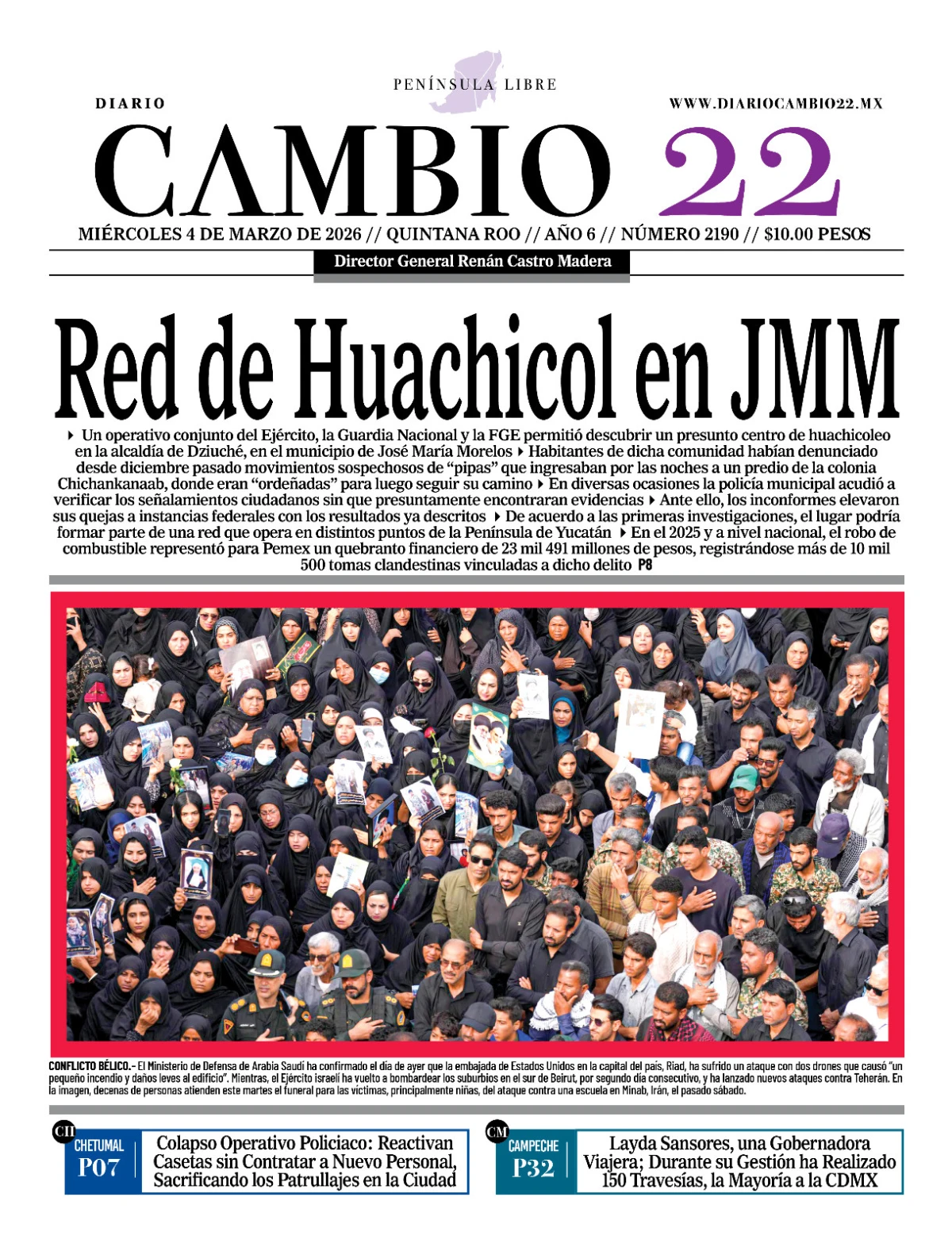 Portada de Diario Cambio 22 (contraportada) del miércoles, 4 de marzo de 2026