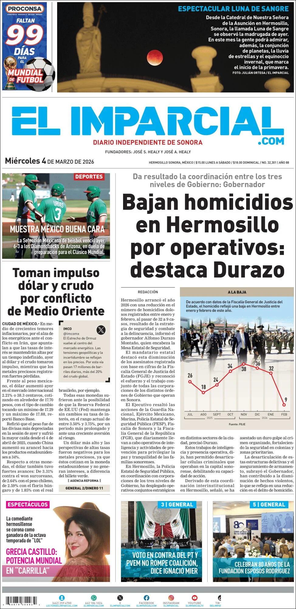 Portada de El Imparcial del miércoles, 4 de marzo de 2026