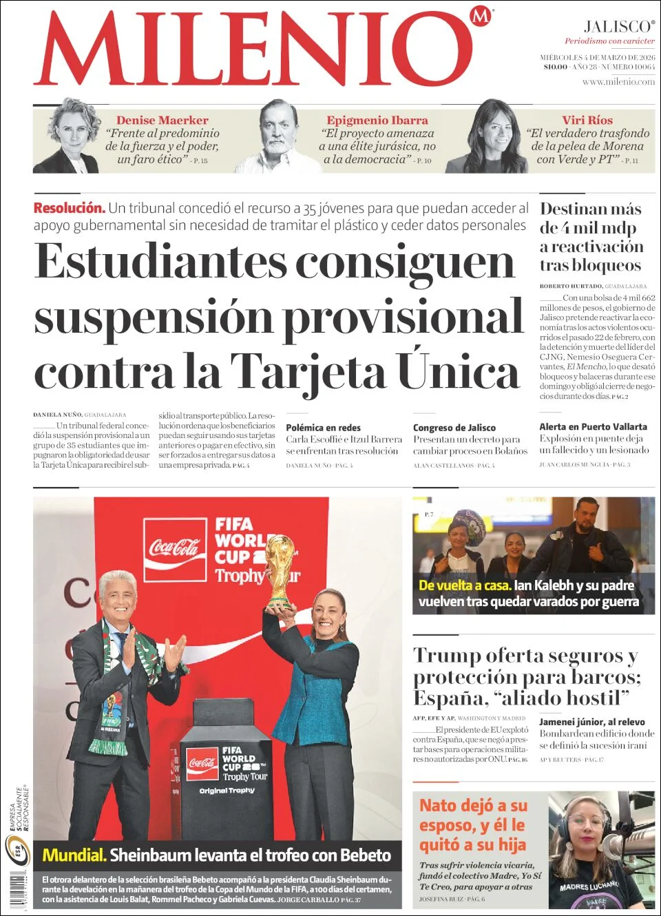 Portada de Milenio Jalisco del miércoles, 4 de marzo de 2026