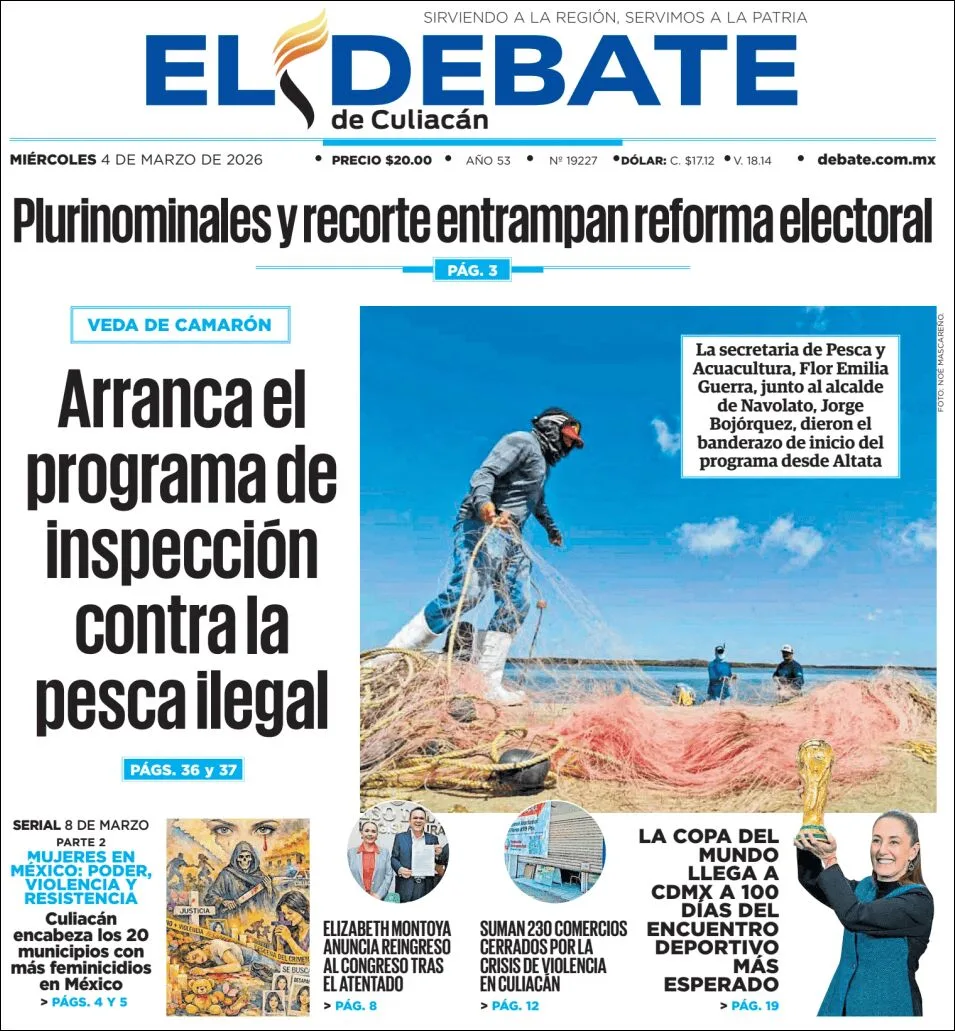 Portada de El Debate de Culiacan del miércoles, 4 de marzo de 2026