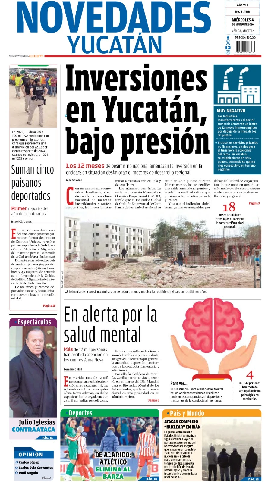 Portada de Novedades Yucatan del miércoles, 4 de marzo de 2026