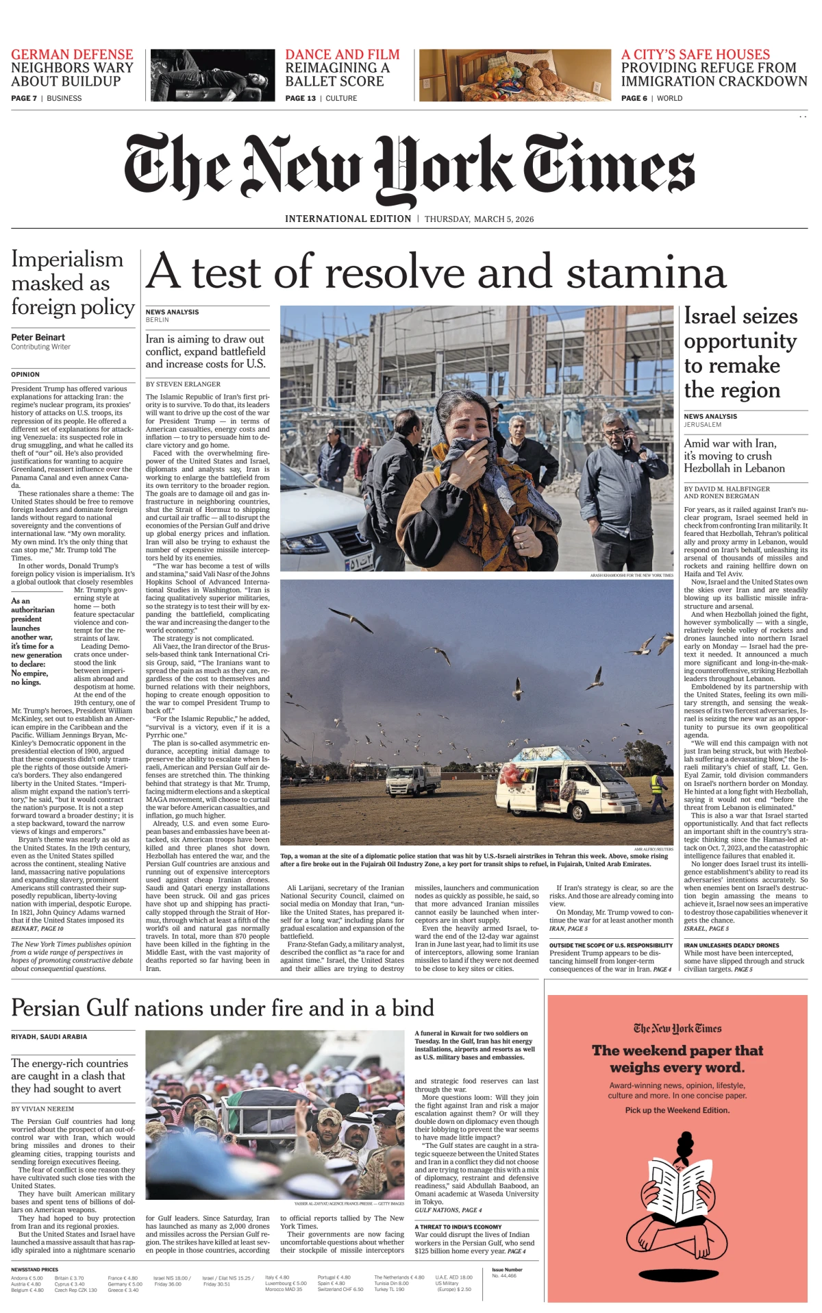 Portada de The New York Times (international) del jueves, 5 de marzo de 2026